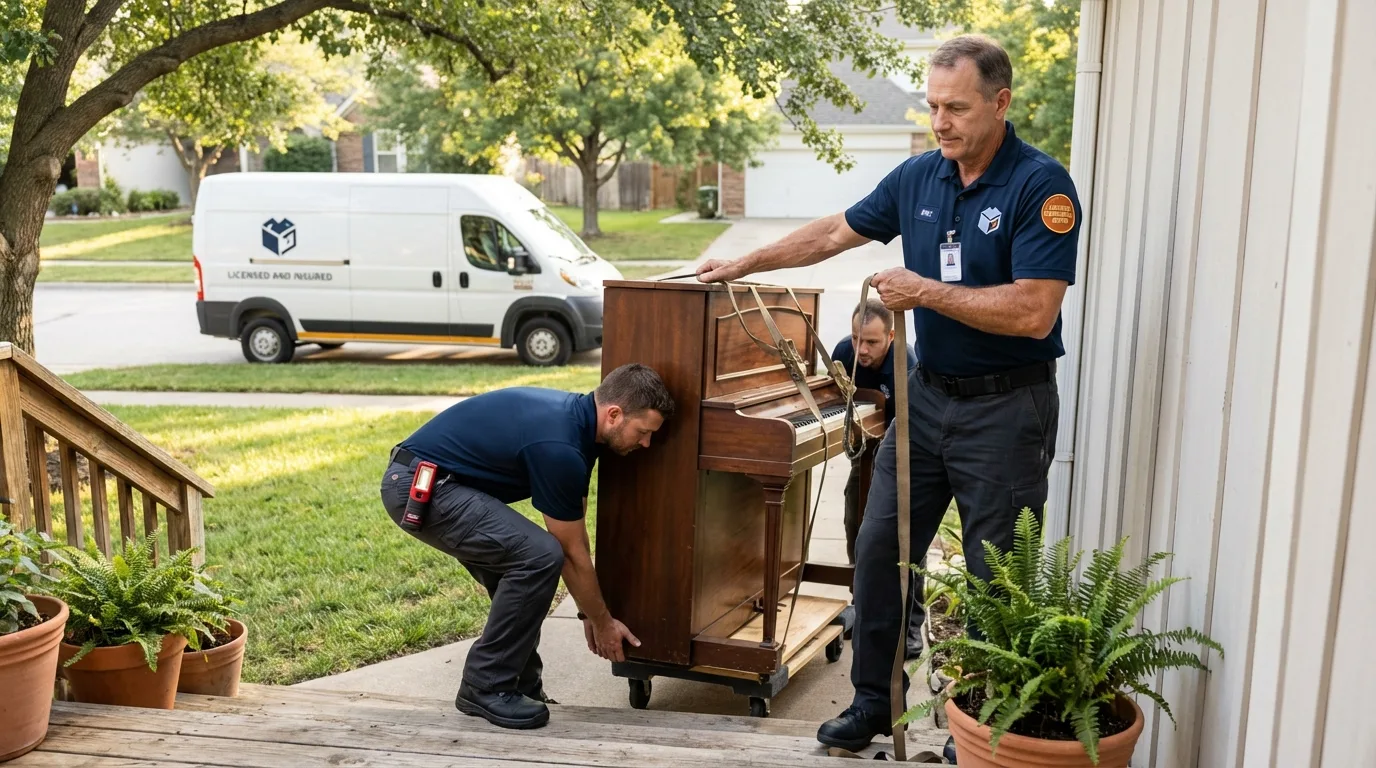 Licensed piano movers securing grand piano in Peterborough, NH