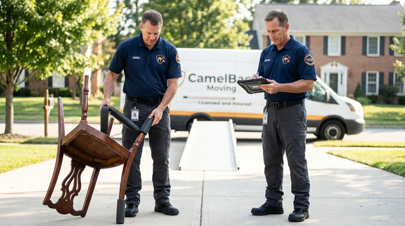Movers inspecting furniture for damage prevention before loading in Peterborough, NH