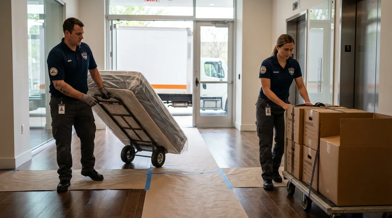 Professional apartment movers loading elevator in Peterborough, NH
